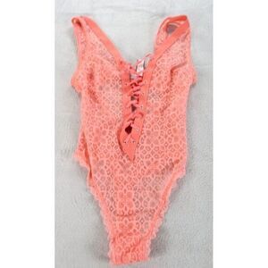 Victorias Secret Bodysuit Women Small Pink Peach Lace Front Open Back Lace‎ NWT